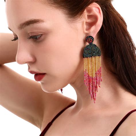 Boho Glass Beads Long Tassel Earrings For Women Bohemian Retro Ethnic