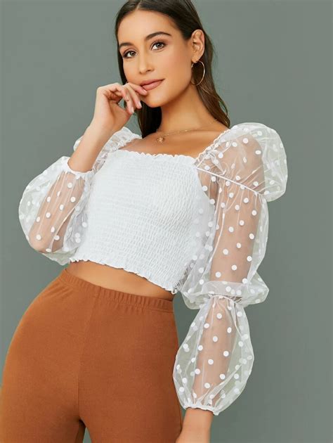 Long Sleeve Mesh Polka Dot Smocked Top Crop Tops Women Sleeves Top