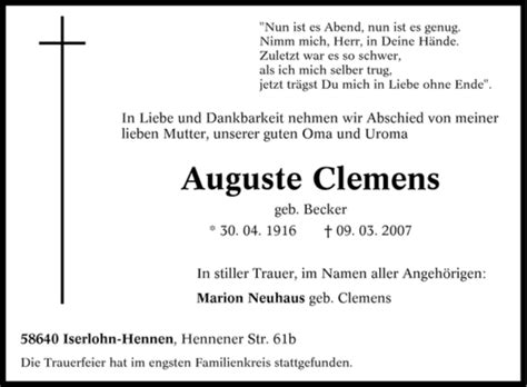 Traueranzeigen Von Auguste Clemens Trauer In NRW De