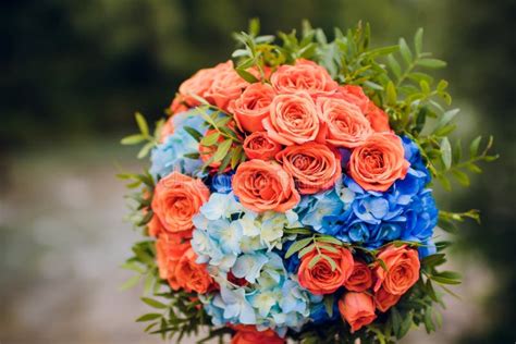 Orange and Blue Flower Arrangement for a Wedding: Orange Roses and Blue ...