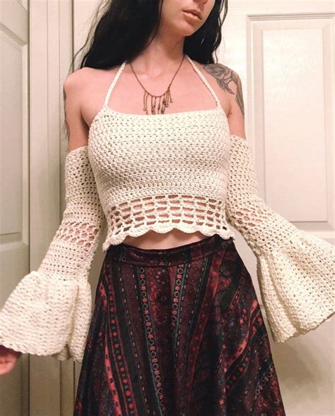 Crochet Bell Sleeve Festival Top Off Shoulder Flared Sleeve Crop Top