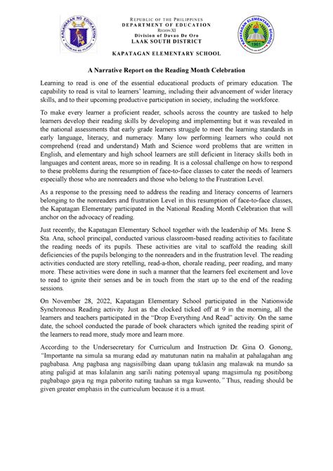 Narrative Report On Reading Month Celebration 2018 Pd