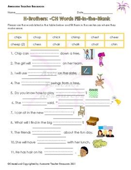 H Brothers Ch Words Fill In The Blank Worksheet By Awesome Teacher