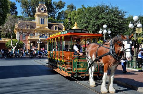 Horse-drawn Streetcar in Town Square at Disneyland in Anaheim ...