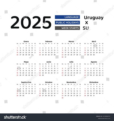 Uruguay Calendar 2025 Week Starts Sunday Stock Vector (Royalty Free