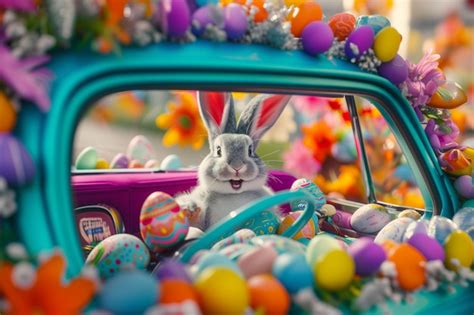 Premium Photo Cute Bunny Driving Blue Car Full Of Easter Eggs Funny