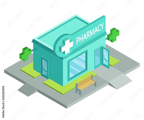 Vector Isometric Drugstore Facade Of Pharmacy Store Isolated On White