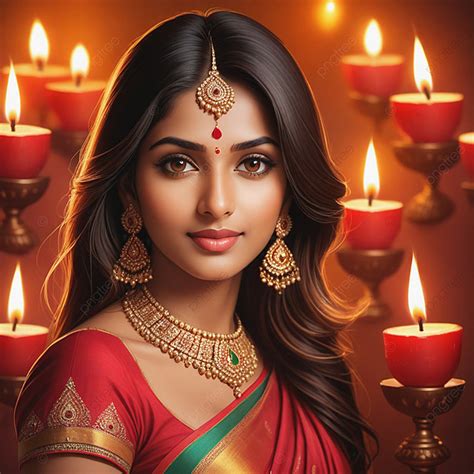 Woman In Red And Gold Saree Celebrating Diwali With Oil Lamp Background