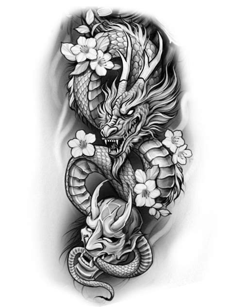 A Black And White Image Of A Dragon With Flowers On It S Back Side