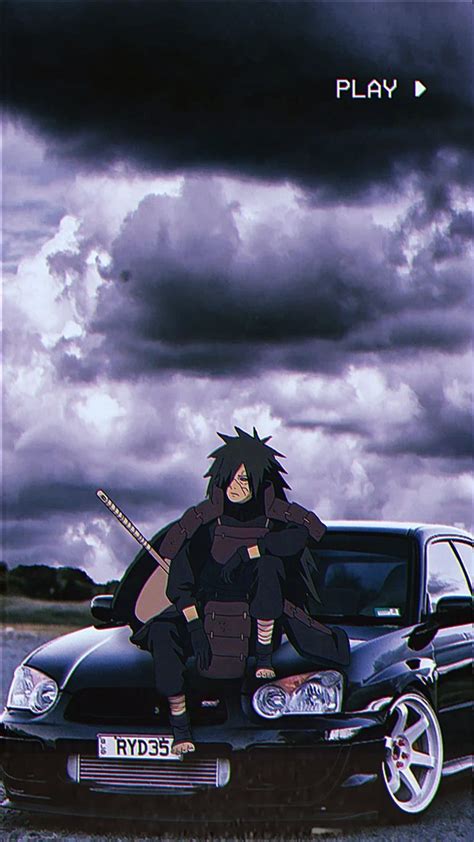 An Anime Character Sitting On The Hood Of A Car In Front Of A Cloudy Sky