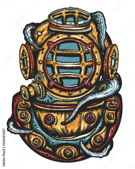 Scuba Diver Helmet And Octopus Tentacles Old School Tattoo Vector Art