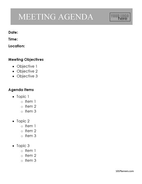 Meeting Agenda Template Excel - Printable Word Searches