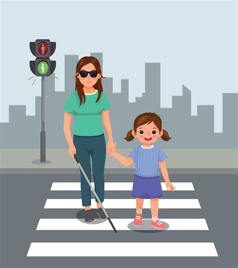 Cute Little Girl Helping Blind Woman Crossing Street At The Pedestrian