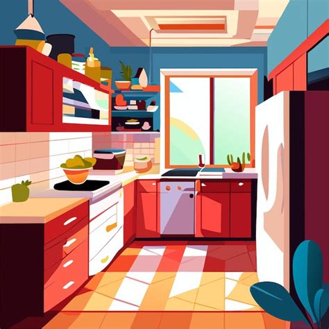 Interior de la cocina de dibujos animados en casa con ilustración