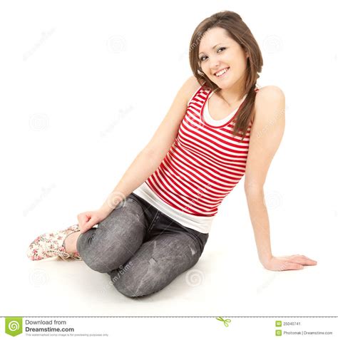 Casual Girl Sitting On The Floor Full Length Stock Image Image Of