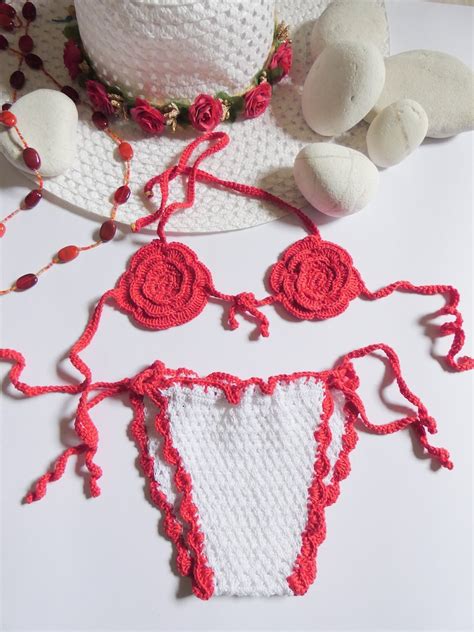 Bikini all uncinetto neonata Bikini bianco e rosso bebè Etsy Italia