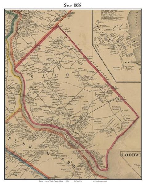 Saco Maine 1856 Old Town Map Custom Print York Co Town Map