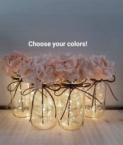 Set Of 6 Blush Hydrangea Lighted Mason Jar Centerpieces Wedding Decor