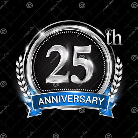 25th Anniversary Logo With Silver Ring Combination Blue Ribbon And Laurel Wreath Birthday