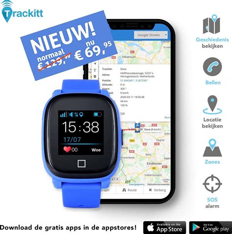 Trackitt GPS Tracker Horloge Personenalarmering SOS Noodknop Alarmering