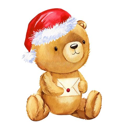 Christmas Teddy Bear In Santa Claus Hat With Envelope Watercolor