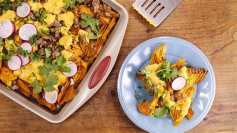 Grants Sweet Potato Nachos With Squacho Cheese Sauce Recipe Rachael Ray Show