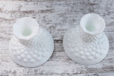 Vintage Fenton Hobnail Milk Glass Candlesticks Pair Of Candle Holders