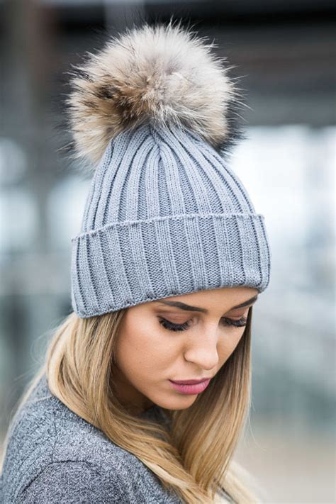 Wool Beanie Hat With Genuine Raccoon Fur Pom Pom Women Hats And