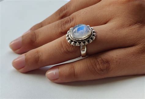 Mondstein Ring 925 Sterling Silber Blaue Feuer Mondstein Ring