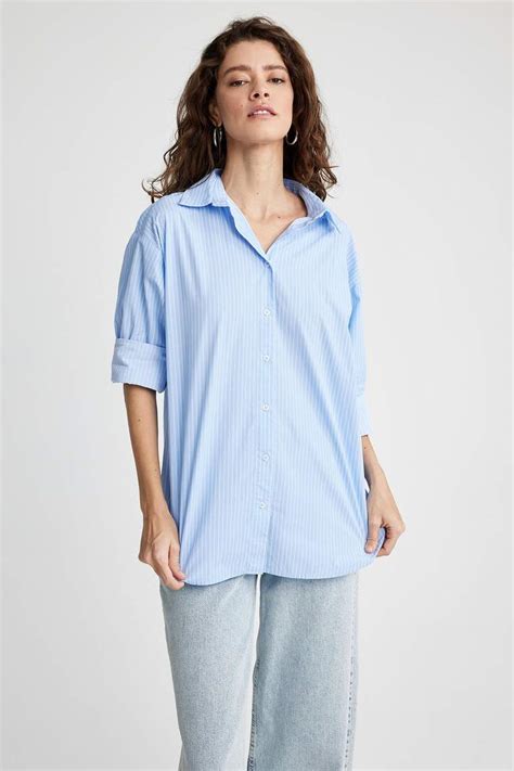 Blue WOMAN Oversize Fit Shirt Collar Poplin Long Sleeve Shirt 2768389