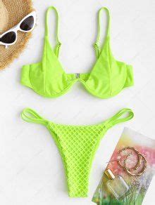 Zaful Fishnet Panel Mono Wire Padded Neon Bikini Set In Green Zaful