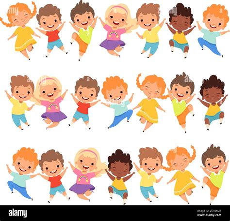 Jumping Kids Groups Girls And Boys Jump Little Cartoon Children With