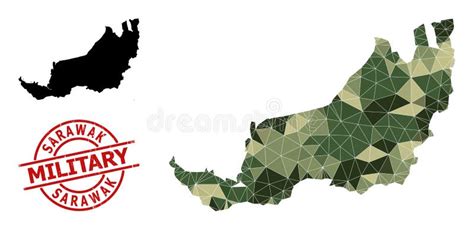 Triangulated Mosaic Map Of Sarawak And Grunge Military Stamp Stock