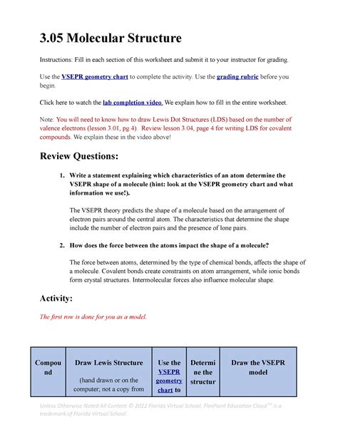 3 05 Molecular Structure Worksheet 3 Molecular Structure Instructions