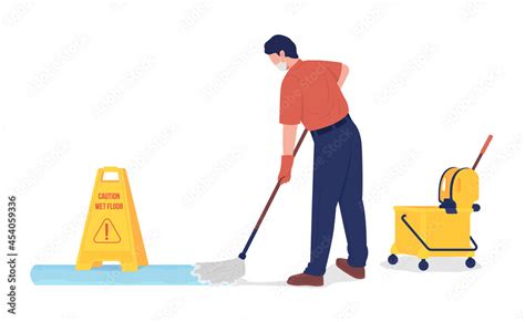 Janitor Mopping Floor Semi Flat Color Vector Character School Cleaner