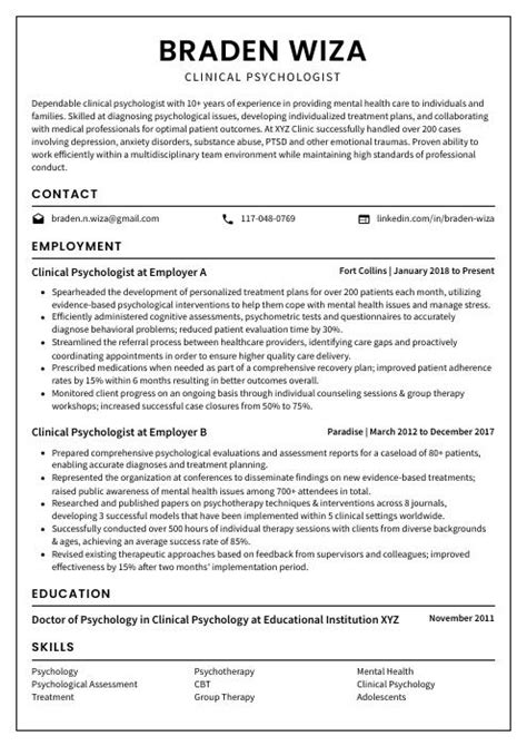 Clinical Psychologist Resume Cv Example And Writing Guide