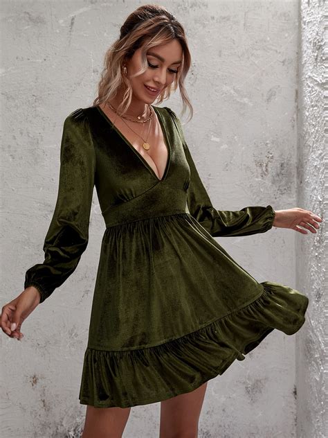 Buy Urbanic Olive Green Solid Velvet Finish Mini Empire Dress Dresses