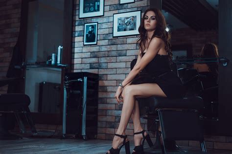 Wallpaper Women Sitting Tanned Portrait Black Dress High Heels