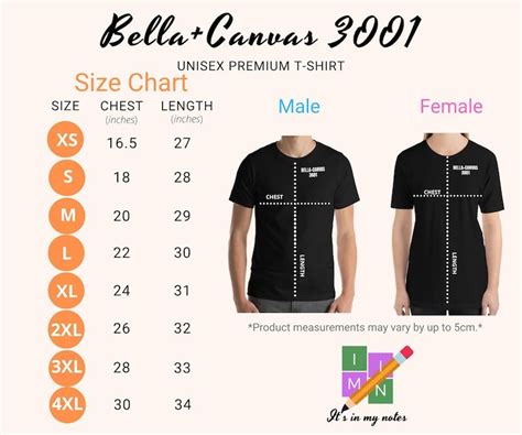 Bella Canvas 3001 Unisex Premium T Shirt Size Chart Etsy Inkscape