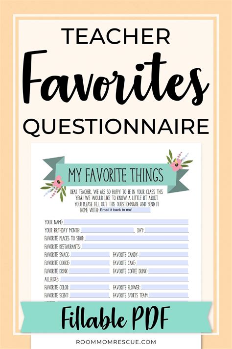 Free Teacher Favorites Questionnaire Editable Teacher Favorite