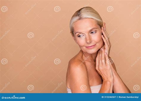 Photo Of Tender Adorable Woman Naked Shoulders Hands Cheeks Cheekbone Looking Empty Space
