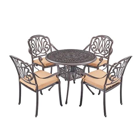 Trustmade Elizabeth 5 Piece Cast Aluminum Patio Outdoor Dining Set With Khaki Cushions Included