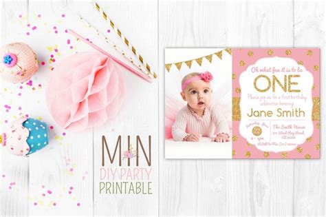 Gold Glitter 1st Birthday Invitation Polka Pink And Gold 1st Birthday