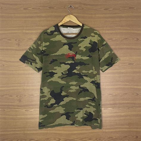 Vintage Stussy Camo Big Logo Spellout Embroidery Tee Depop