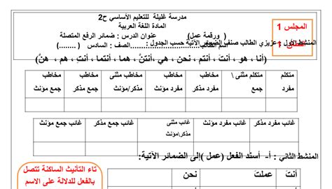 ورقة عمل درس ضمائر الرفع المتصلة لغة عربية الصف السادس نموذج 1 سراج