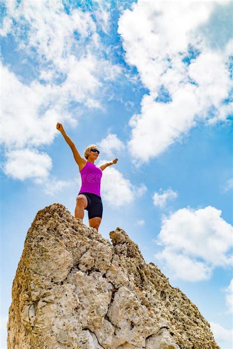 Happy Trail Runner Winner Reaching Life Goal Success Woman Stock Photo