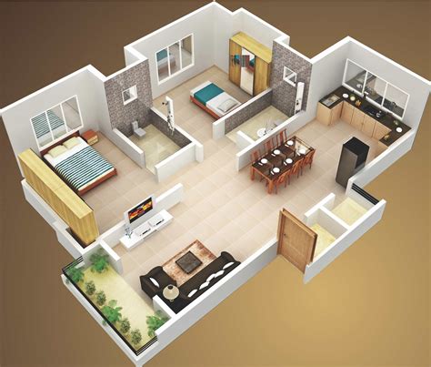 3d Two Bedroom House Layout Design Plans