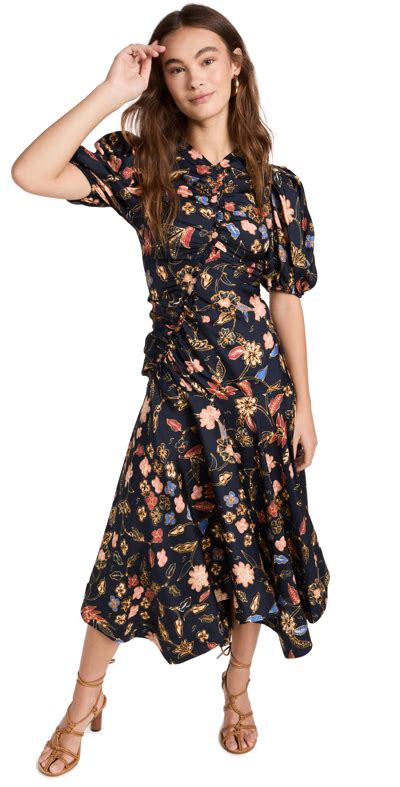 Ulla Johnson Heleen Asymmetric Ruched Floral Print Silk Twill Dress In