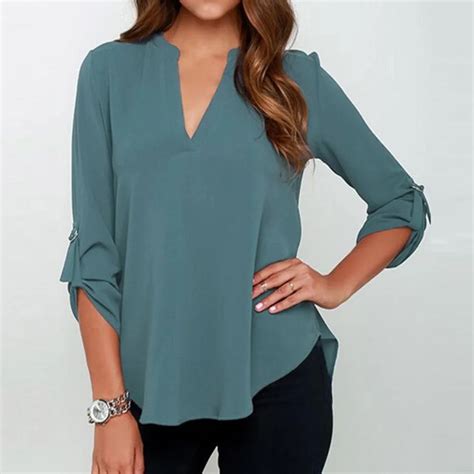 Women Casual Top Blouses Chiffon Loose Plus Sizes Xl Solid Roll Up