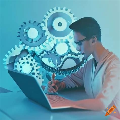 Conceptual Image Of Gears Connected With Person Working On Laptop